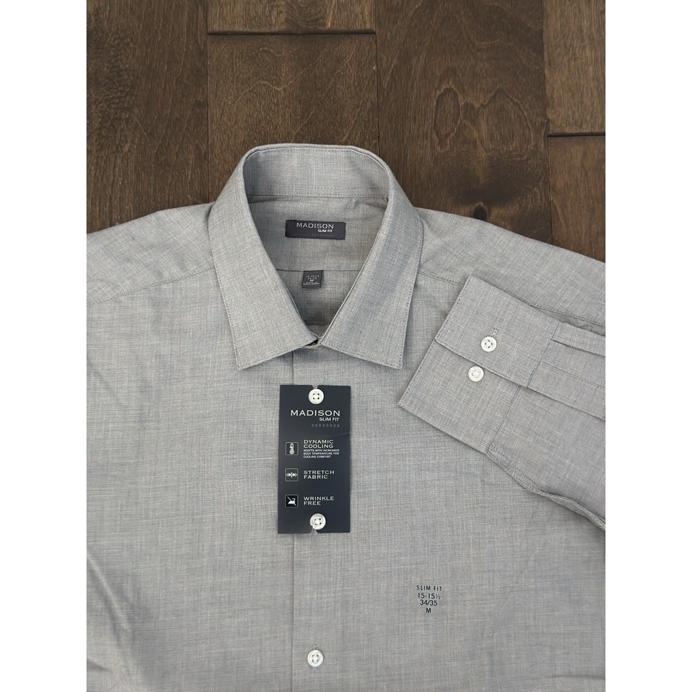 NWT Madison Men Slim Fit Grey Button Down Shirt Size M 15-15.5 34/35 Long Sleeve